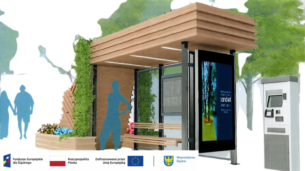 Grafika przedstawiająca projekt ekologicznej wiaty przystankowej. Konstrukcja z jasnego drewna z roślinnością pnącą na bocznej ścianie i donicą z kwiatami. Wewnątrz znajdują się drewniane ławki i tablica z rozkładem jazdy. Obok wiaty stoi biały automat biletowy. Na dole pasek informacyjny z flagami Polski i UE oraz herbem Województwa Śląskiego, informujący o dofinansowaniu projektu.